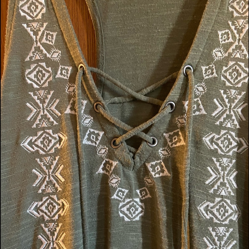 Olive green tank top with criss cross and embroidery